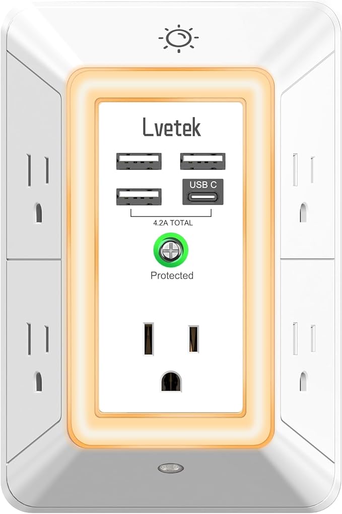 Multi Plug Outlet Surge Protector - Lvetek 3-Sided Power Strip with 5 Outlet Extender and 4 USB Ports(1 USB-C) and Night Light, USB Wall Charger for Home, Office, Travel, ETL Listed, White