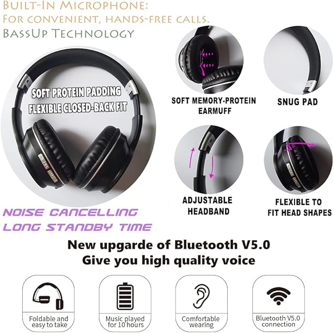 Active Noise Cancelling Headphones, Wireless Over Ear Bluetooth Headphones with Microphone Foldable Headphone with HiFi Audio Deep Bass for Home Travel Office Orange