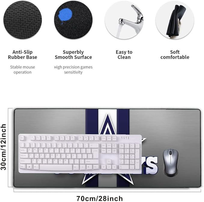 Large Gaming Mouse Pad,Stitched Edges Extended Mousepad with Non-Slip Rubber Base for Laptop Computer Desktop Keyboard,Football Fans White Blue Design Mat