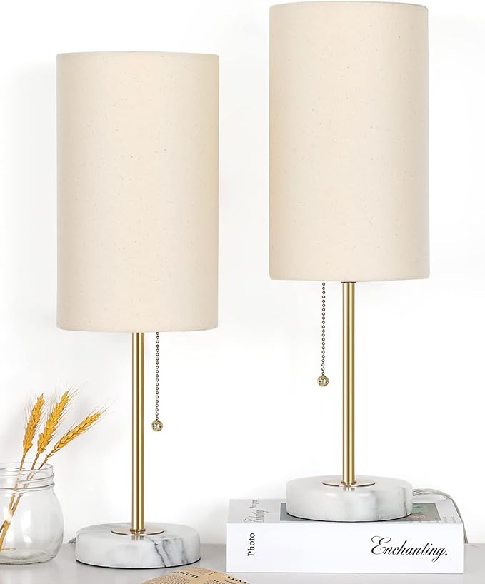 JUNNAI 18.5" Desk Lamp & Table Lamp Set of 2, Skinny Bedside Lamp with Marble Base, Pull Chain Switch, 3-Way Dimmable, Linen Fabric Shade, Small Nightstand Lamps for Living Room, Bedroom, Reading