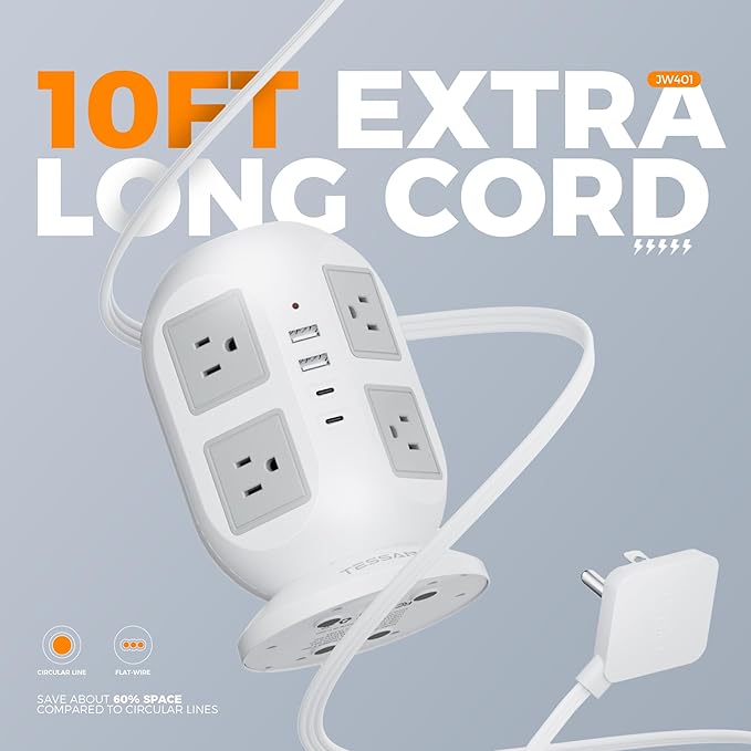 TESSAN Tower Surge Protector Power Strip 10 ft, Long Flat Extension Cord with Multiple Outlets, 8 AC Outlets with 4 USB Ports (2 USB C), Charging Station with Surge Protection, for Home Office Dorm