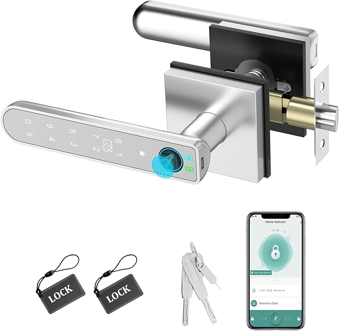 Foxgard Smart Fingerprint Door Lock:Fingerprint Door Knob-Biometric 5-in-1 Finger Print Door Lock-Smart Door Knob for Bedroom-APP Control-Easy Installation–Square Silver–1 Pack