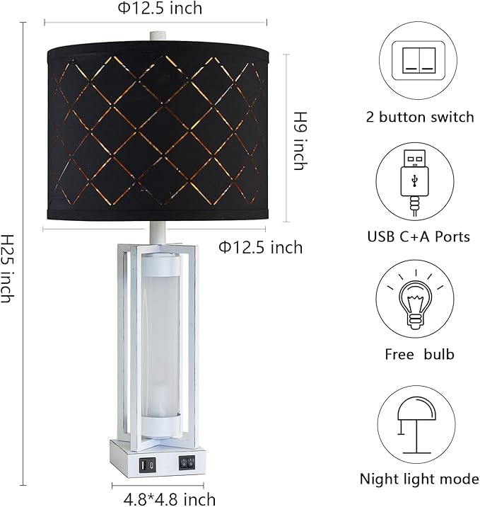 25" Set of 2 Farmhouse Table Lamps with USB C+A Ports, Rustic Retro Nightstand Lamps with White Night Light, Black Grid Shade, Desk Lamps for Bedroom Bedside, 4 Bulbs Included