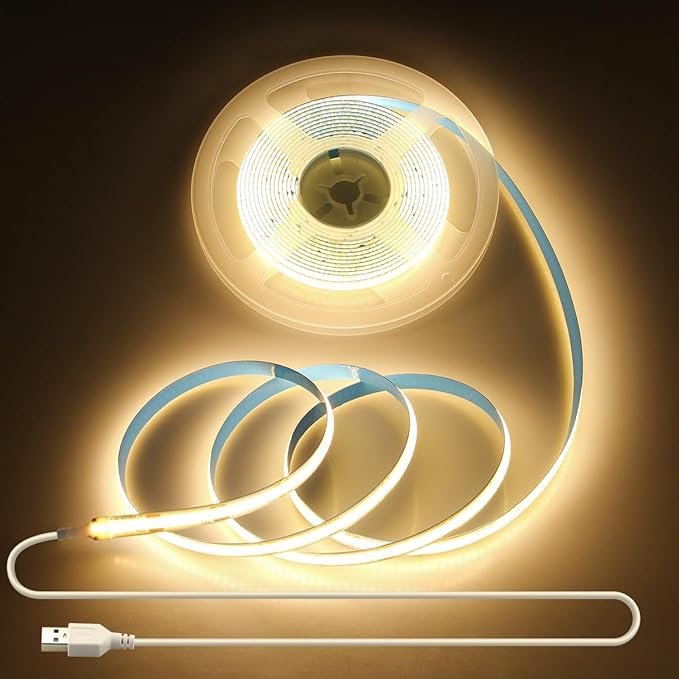 Aclorol 5V USB COB LED Strip Light 10FT/3M 960LEDs Warm White 3000K Flexible Tape Lights with Self-Adhesive Cuttable LED Light Strip for TV Backlight Closet Display Under Cabinet Home DIY Lighting