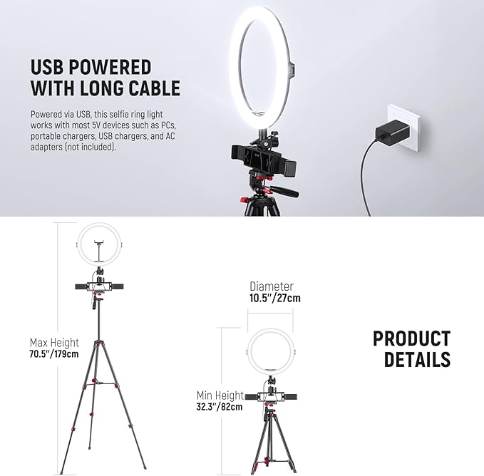 NEEWER Basics 10" Selfie Ring Light with Tripod Stand/3 Phone Holders Compatible with iPhone/3 Cold Shoes/Remote, LED Ringlight Lighting for YouTube TikTok Vlog Video Recording Makeup Streaming, R11