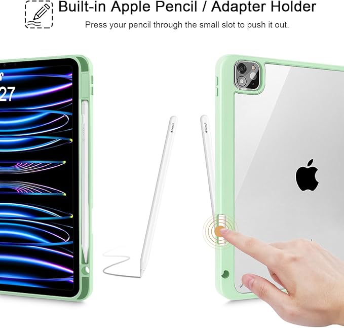 Tuiklol for iPad Pro 12.9 Inch 6th/5th/4th/3rd Generation 2022 2021 2020 2018 Case,Built-in Pencil Holder Clear Transparent Protective Back Shell Cover with Auto Sleep/Wake, Spot-Green