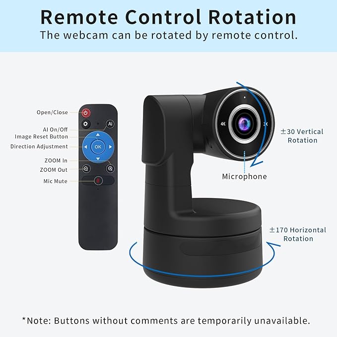 Tiny 4K PTZ Webcam HDR ½.8" Sensor Auto-Frame Gesture Control Built-in Pickup Support USB Audio and Video Output for Online Meetings, Online Chats, Online Classes, Live Streaming, etc.