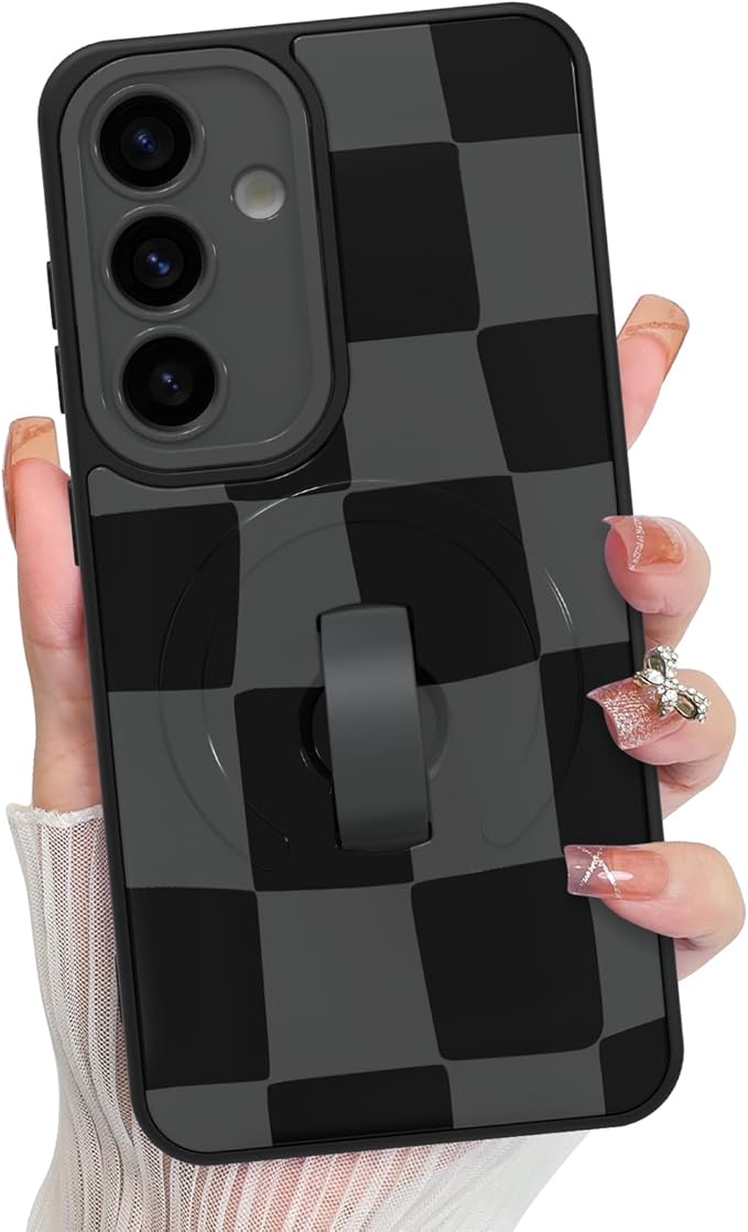 KANGHAR Compatible with Samsung Galaxy S25 Case, Support for MagSafe, Silicone Checkered Cute Pattern, Wristband Kickstand Camera Protection Soft Slim Cover for Girls Women -Black