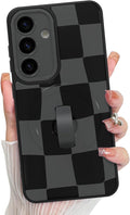 KANGHAR Compatible with Samsung Galaxy S25 Case, Support for MagSafe, Silicone Checkered Cute Pattern, Wristband Kickstand Camera Protection Soft Slim Cover for Girls Women -Black