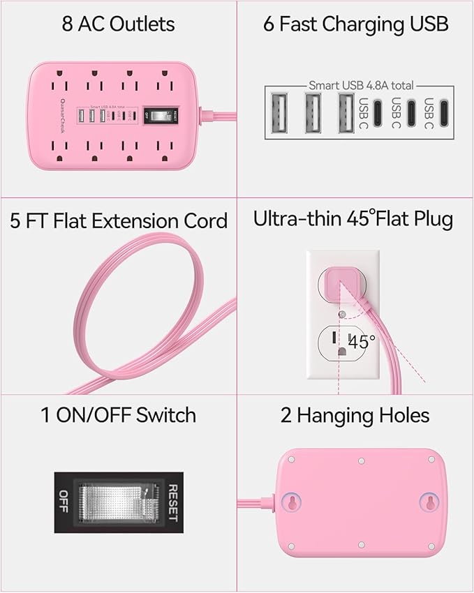 Pink Extension Cord with Surge Protector - 5 FT Kawaii Power Strip, Cute Extension Cord with 6 USB(3 USB C) and 8 Outlets, Pink Desk Accessories for Girl Cute Kawaii Room Decor Gifts Office Dorm Home