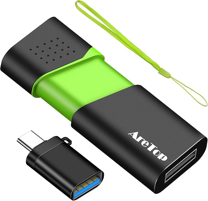 8GB Flash Drive with Type C Adapter, AreTop Retractable USB 2.0 Thumb Drive Multicolor USB Drive for Date Storage, High Speed Jump Drive with LED Indicator Lanyard, 8GB 1 Pack (Green)