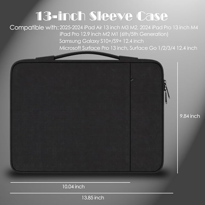 ProElife 13-Inch Tablet Sleeve Case for 2026-2024 iPad Air 13 inch M4 M3 M2, iPad Pro 12.9-13 inch M5 M4 M3 M2, 12.4-in Galaxy S10+/S9+ Accessory Traveling Carrying Bag Cover with Handle (Black)
