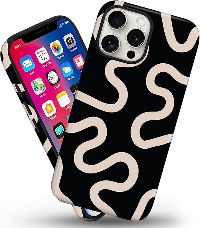 Magnetic for iPhone 15 Pro Case Cute Curved Stripes Phone Case, Shockproof Slim TPU and Hard PC Protective Phone Cover Compatible with MagSafe Designed for Women Girls,Black