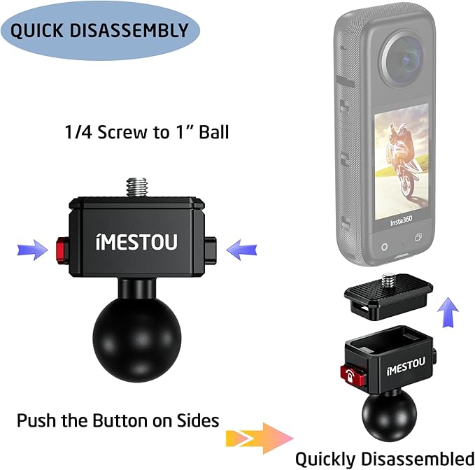 iMESTOU Sports Camera Riding Mount with 1/4 Screw for Insta 360 Action Camera Installing and 1“ Ball Head 360° Adjustable Fits for RAM 1" Ball Bike Phone Mounts