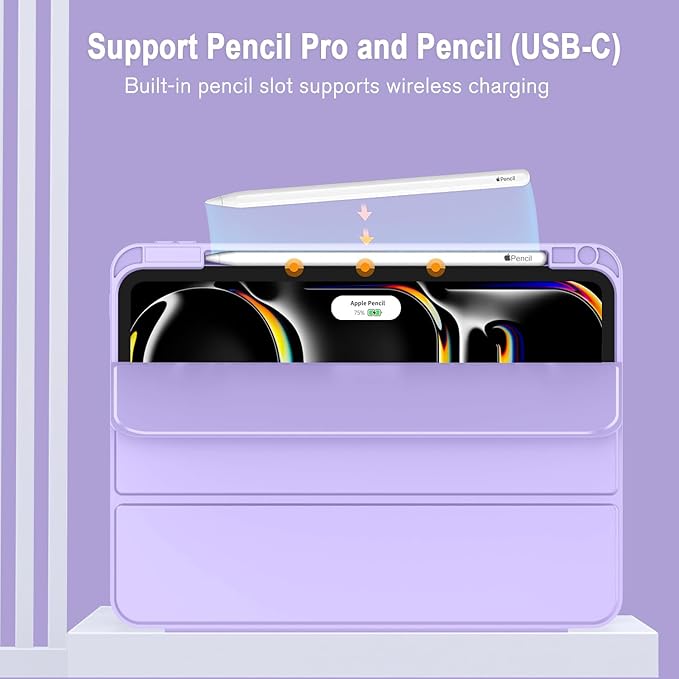 ZryXal New iPad Pro 13 Inch Case (M5) 2025 / (M4) 2024 with Pencil Holder, Smart iPad Case [Support Pencil Pro and Pencil (USB-C)], Support Touch ID and Auto Wake/Sleep (New Clove Purple)