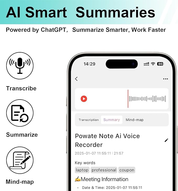 AI Voice Recorder, Transcribe & Summarize by ChatGPT, Digital Recorder Device with Playback for Lectures, Meetings, Calls, Support 107 Languages, 64GB Memory, APP Control