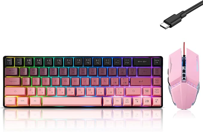 Guiheng Wired 60% Gaming Keyboard and Mouse Combo, Ultra-Compact 61 Keys RGB Backlit Mini Keyboard, Lightweight 3200 DPI Optical, Wired Gaming Set for Windows,PC, MAC PS5 Xbox Gamer(BlackBerry Pink)