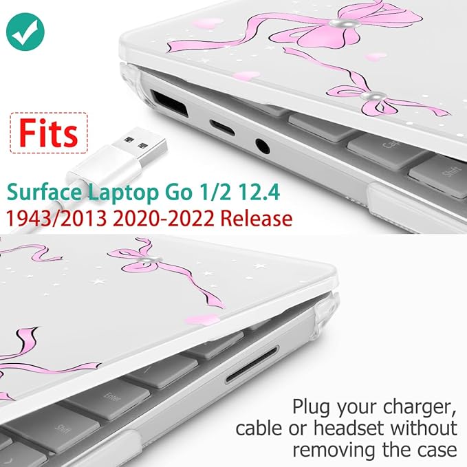 May Chen Compatible with Microsoft Surface Laptop Go 3 Go 2 Go 1 12.4 Inch Model 1943 2013 (2023 2022 2020 Release), Plastic Hard Shell Case with Screen Protector + Keyboard Cover, Pearl Bow