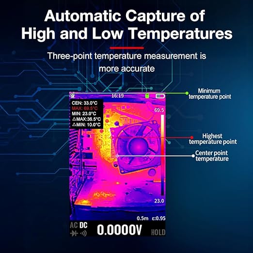 2 in 1 Thermal Imaging with 20000 Counts Multimeter Function Infrared Camera Pixels ISR256x192 Image Resolution 427x320 3.5 inch LCD -20℃ to 550℃ Temperature Range 15 Color Modes