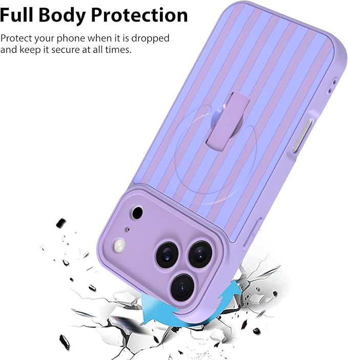 KANGHAR Compatible with iPhone 17 Pro Case, Support for MagSafe, Silicone Stripes Cute Pattern, Wristband Kickstand Camera Protection Soft Slim Cover for Girls Women -Purple