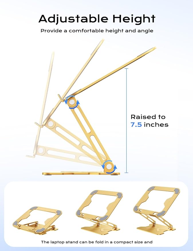 JCZT Adjustable Laptop Stand for Desk, Metal Foldable Laptop Riser, Portable Laptop Holder Mount, Ventilated Cooling Computer Notebook Stand for MacBook Air Pro, All 10-16'' Notebooks Laptops, Gold