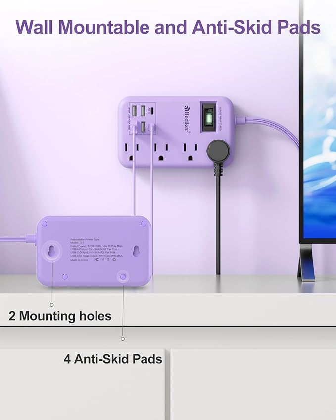 Beeiker 6 USB(2 USB C) Purple Surge Protector Power Strip- 10 Ft Purple Extension Cord with 24W USB Charging Station and 4 Outlets, Pink Desk Accessories for Cute Kawaii Lavender Travel Dorm Room
