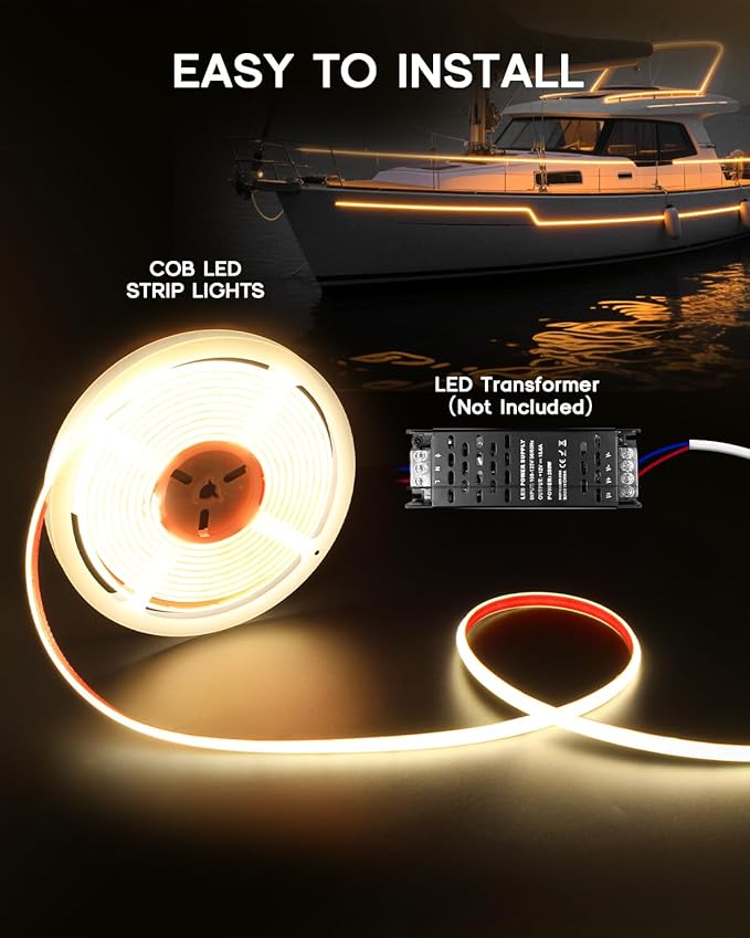 COB LED Strip Lights Daylight White 6000K,12V 16.4ft IP67 Waterproof High CRI 95Ra+ Super Bright,Flexible Boat Lights for Fishing Night Outdoor Bathroom Swimming Pool(Power Supply Not Included)