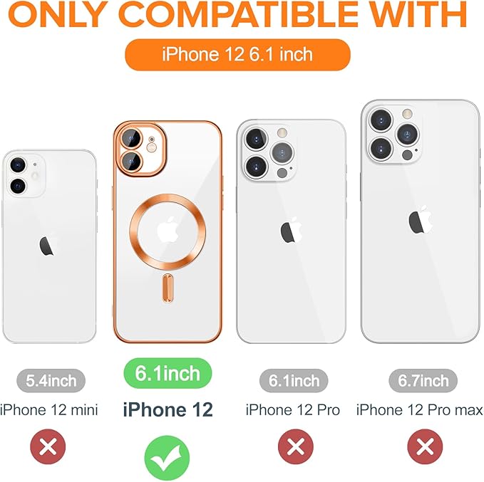 Hython Magnetic Clear for iPhone 12 Case with Camera Lens Protector [Compatible with MagSafe] Luxury Plating Edge Slim Soft TPU Cover Protective Phone Case for iPhone 12 6.1", Orange
