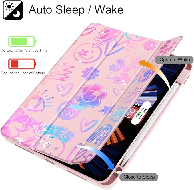 Tuiklol for iPad Pro 12.9 Inch 6th/5th/4th/3rd Generation 2022 2021 2020 2018 Case,Built-in Pencil Holder Clear Transparent Protective Back Shell Cover with Auto Sleep/Wake, Fun Emotions Pink