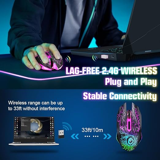 VersionTECH. Wireless Gaming Mouse, Rechargeable Computer Mouse Mice with Colorful LED Lights, Silent Click, 2.4G USB Nano Receiver, 3 Level DPI for PC Gamer Laptop Desktop Chromebook Mac-Black