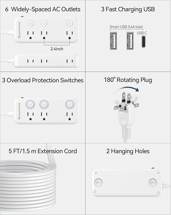 2 Prong Power Strip - 2 Prong to 3 Prong Outlet Adapter, 2 Prong Extension Cord with USB C, Surge Protector 1875W with 6 Outlets 3 USB, Three Prong Adapter 5ft, Wall Mount, Non Grounded, Old House