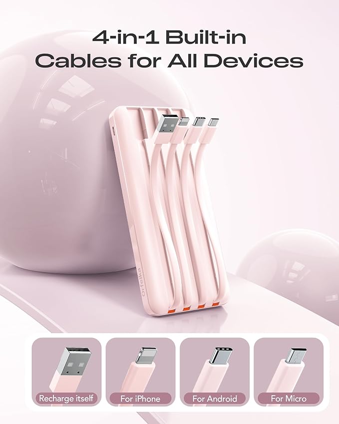 Orfeika 20000mAh Power Bank Fast Charging, Portable Charger with 4 Built-in Cables & 6 Outputs, 20W PD USB C Battery Pack Compatible with iPhone 16/15, Galaxy, Android, iPad & More (Travel Essential)