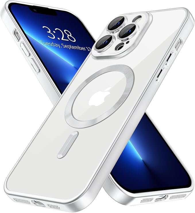 Hython Magnetic Clear for iPhone 13 Pro Case with Camera Lens Protector [Compatible with MagSafe] Luxury Plating Edge Slim Soft TPU Cover Protective Phone Case for iPhone 13 Pro 6.1", Matte Silver