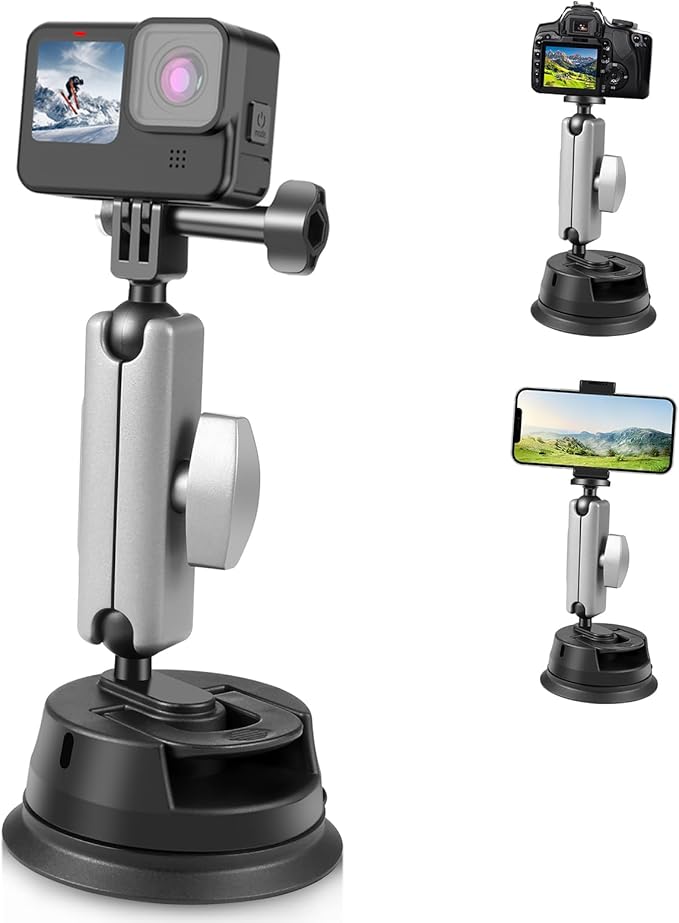PULUZ Car Suction Cup Mount 360° Rotation Windshield & Window Camera Bracket for GoPro Hero 11 10 9 8 7 Insta360 X3 DJI Action Camera Accessories with Phone Holder with 1/4 Thread