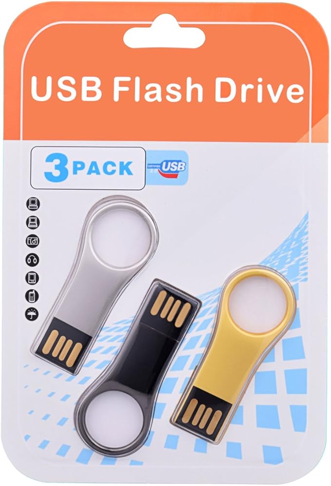 RAOYI 3 Pack 32GB Metal Key Shape USB Flash Drive, USB 2.0 Memory Stick Thumb Drives Jump Drive (Black/Silver/Gold, 3 Mixed Colors)
