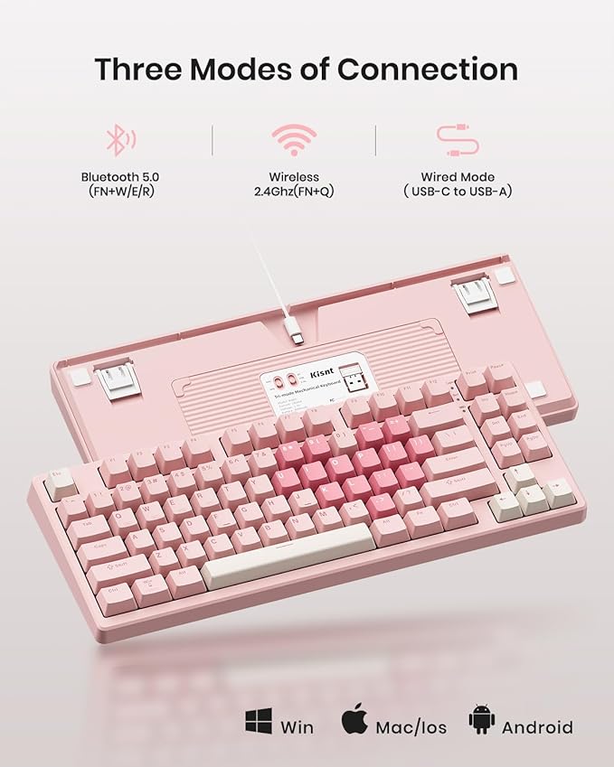 Kisnt KN85 Wireless Mechanical Gaming Keyboard, 75% Layout with RGB Backlit, Custom Hot Swappable, Creamy Sound, Bluetooth/2.4GHz/USB-C Compatible with Windows/Mac/PC (Rose Pink, Linear Switch)