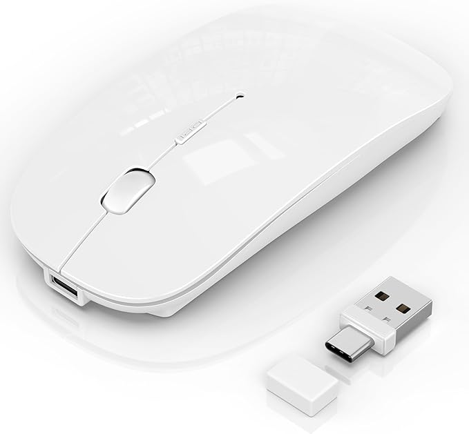Wireless Mouse for MacBook Pro/Air, Bluetooth Rechargeable Mouse with USB-C, Slim Mouse Jiggler for iPad/iMac/Laptop/PC, 2.4G Dual Mode, Silent Click, Compatible Mac OS/Windows, White