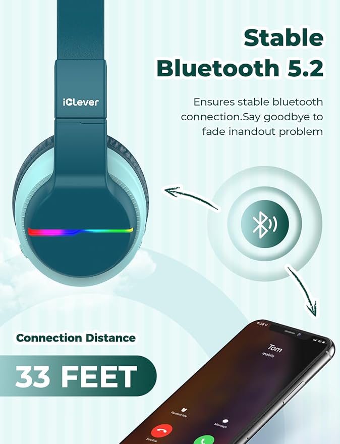 iClever BTH12 Kids Bluetooth Headphones,Colorful LED Lights Wireless Kids Headphones,74/85dBA Safe Volume,85H Playtime,Bluetooth 5.2,Over Ear Headphones Built-in Mic for iPad/Tablet/Airplane,Green