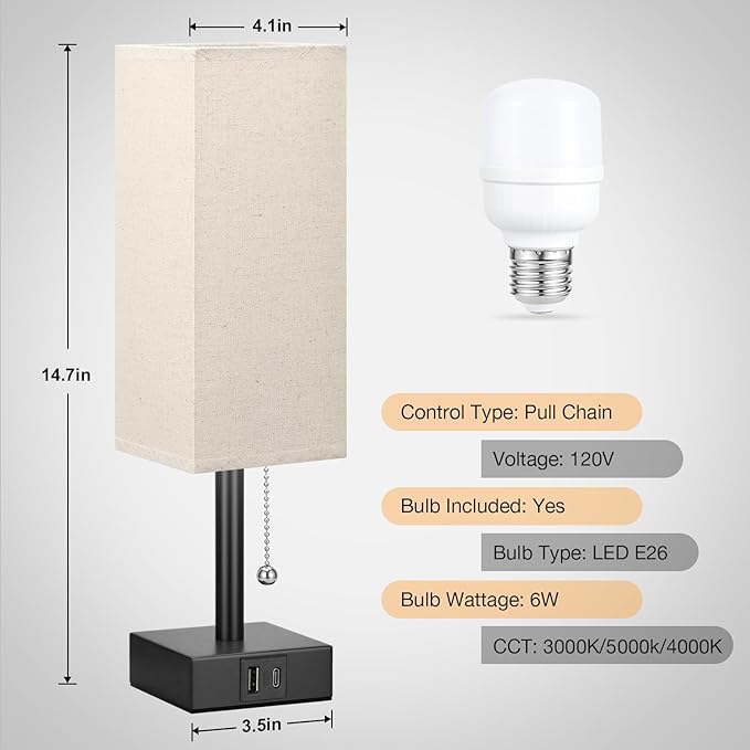 aooshine Small Linen Bedroom Lamp - 3 Color Temperature 3000K 5000K 4000K Bedside Lamp, Pull Chain Control, USB A and C Charging Ports, Black Base, for Kids Office Dorm, Bulb Included