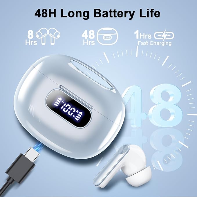 Wekily Wireless Earbuds, Bluetooth 5.3 Headphones with LED Power Display, 2025 New Wireless Earphones, HiFi Stereo,4 ENC Noise Cancelling Mic, 48H Playtime Mini Case IP7 Waterproof for iOS Android
