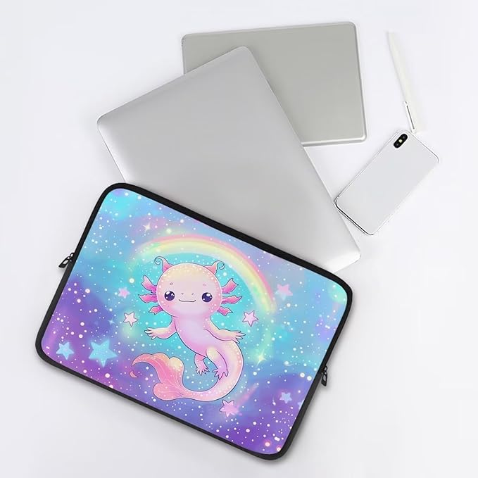Rainbow Axolotl Computer Sleeve for Women Girls Laptop Sleeve 15 inch Neoprene Laptop Covers with Padded Compartment Lap Top Case Galaxy Computer Carrying Bag Purple