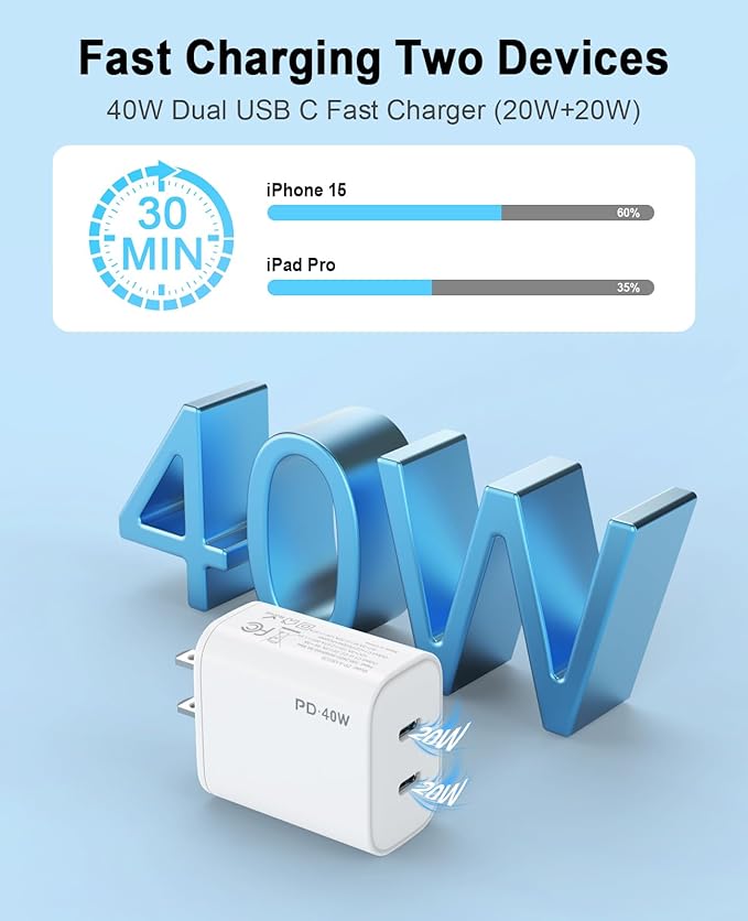 2Pack 40W USB C Charger Block, iGENJUN Dual USB-C Port Power Adapter - Phone Charger with Fast Charging Capability, Type C Wall Charger for iPhone 17/17 Pro Max/16/15, Galaxy, iPad, Tablet - White