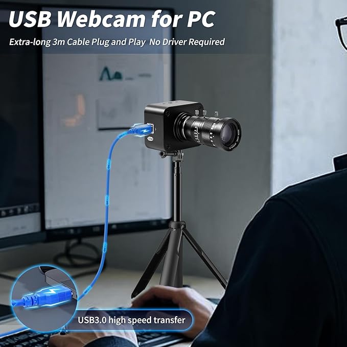 MOKOSE USB Camera 4K, USB3.0 Manual Focus Webcam with C-Mount 10-55mm Telephoto Zoom Lens, IMX678 1/1.8" 8MP Sensor Support YUY2,Web Camera for Desktop Computer Laptop