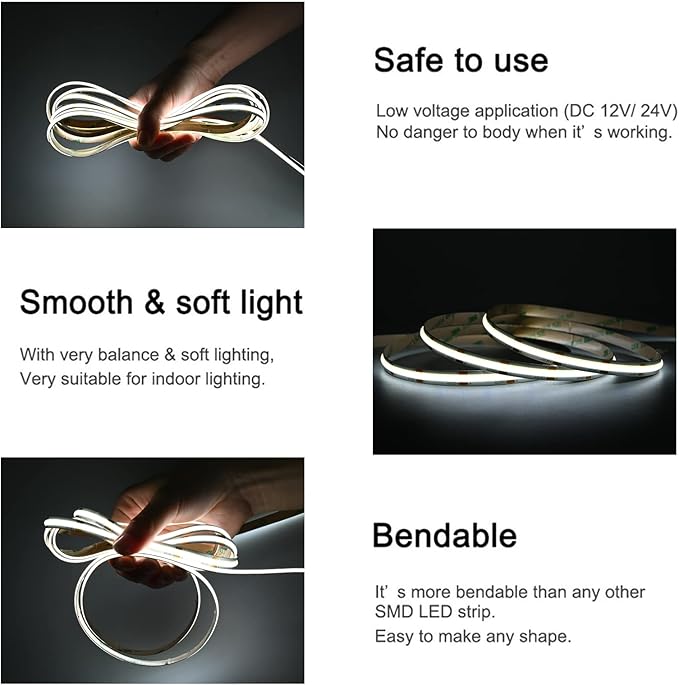 COB LED Strip Lights DC 12V LED Lights Flexible Super Bright LED Strips, 5Pack 16.4FT 6000K Cool White CRI 90+, 480LEDs/m High Density Uniform Light fo Home Room Decor (No Adapter or Controller)