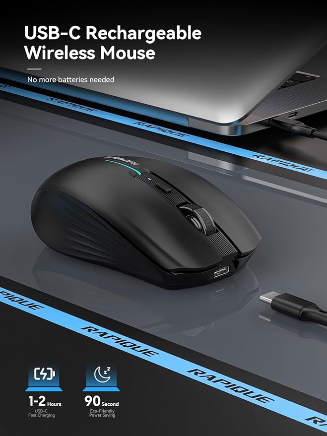 RAPIQUE Bluetooth Wireless Mouse - (BT1/BT2+USB) Tri-Mode High Performance, Rechargeable, Quiet Click, Multi-Device Compatibility for Laptop, Computer, MacBook, Tablet, PC (Black)