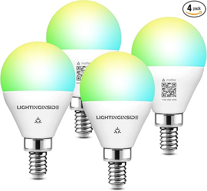 Lightinginside E12 Matter Smart Light Bulbs Compatible with Alexa/Siri/Apple Home/Google Home/SmartThings, G16.5 RGBCW Candelabra Ceiling Fan Bulb, 50W Equivalent 5W 550LM, 2.4G WiFi, ETL Listed, 4PCS