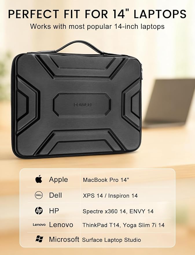 DOMISO 14 inch Laptop Sleeve with Handle, Shockproof & Waterproof EVA Protective Laptop case, Hard Laptop Sleeve for 14" HP Dell Asus Lenovo Laptop, Black