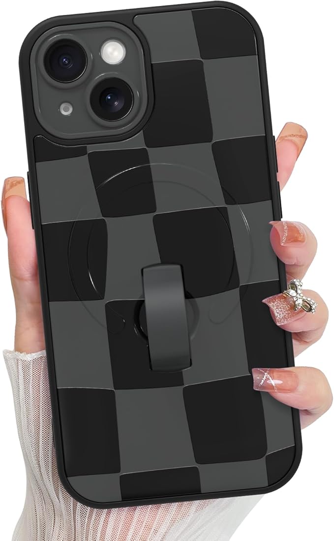 KANGHAR Compatible with iPhone 15 Case, Support for MagSafe, Silicone Checkered Cute Pattern, Wristband Kickstand Camera Protection Soft Slim Cover for Girls Women -Black