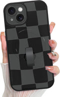 KANGHAR Compatible with iPhone 15 Case, Support for MagSafe, Silicone Checkered Cute Pattern, Wristband Kickstand Camera Protection Soft Slim Cover for Girls Women -Black