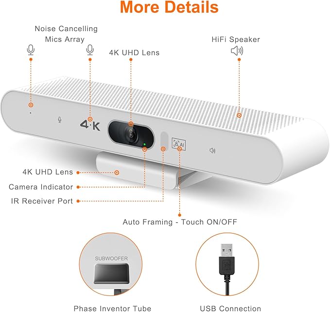 4K Video Conference Room Camera System with Remote Control, AI Auto Framing&Focus, Speaking Tracking, Digital Zoom, Webcam with Microphone and Speaker for Windows TV/PC/Laptop/Zoom/Teams/Skype